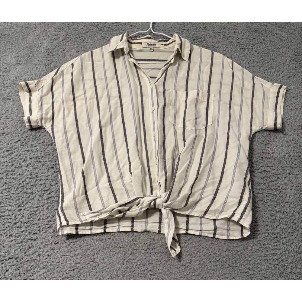 Madewell XXS Linen Striped Short Sleeve‎ Button Up Tie Front Shirt